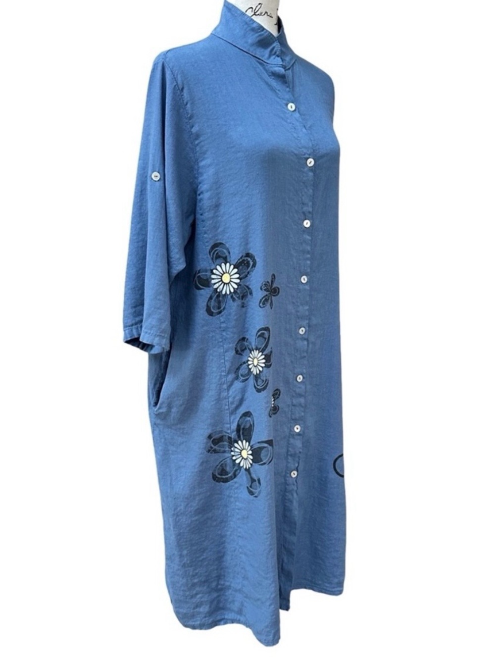 Made in Italy Blue Floral Linen Button Up Shirt Dress Pockets Relaxed Fit M/L